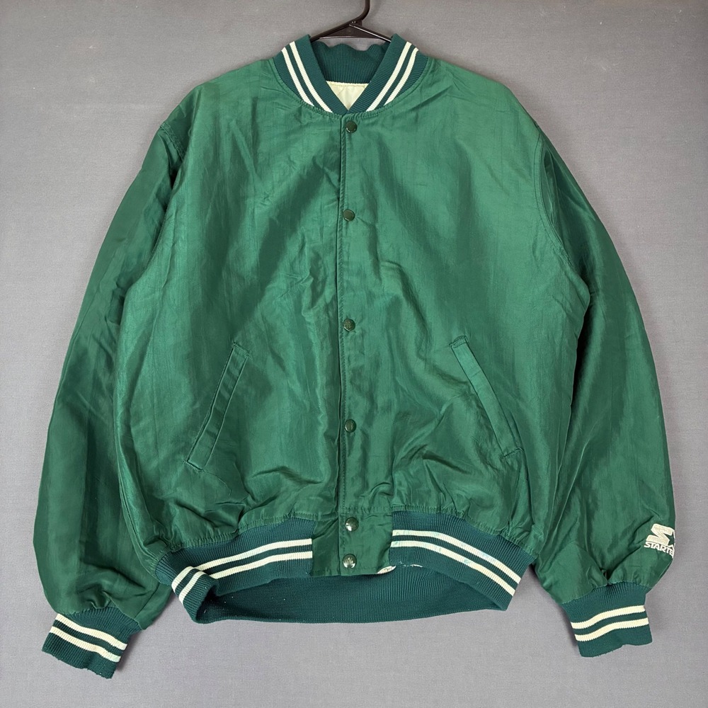 Vintage Starter Blank Green Satin Bomber Jacket Men's Size Large Made in USA